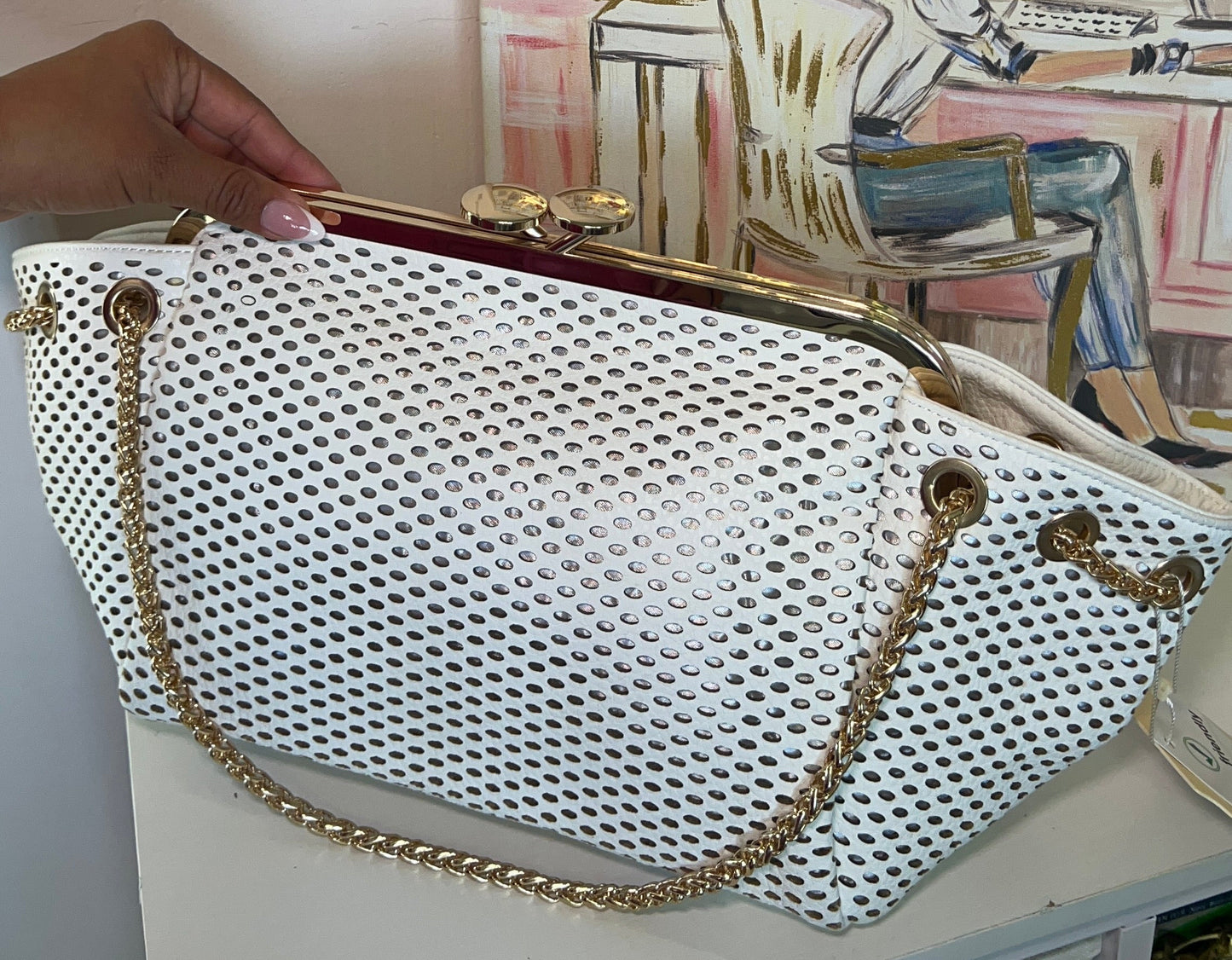 WHITE PERFORATED CHAIN BAG