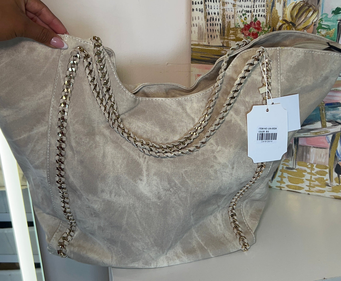 TAUPE CHAIN SLOUCH TOTE