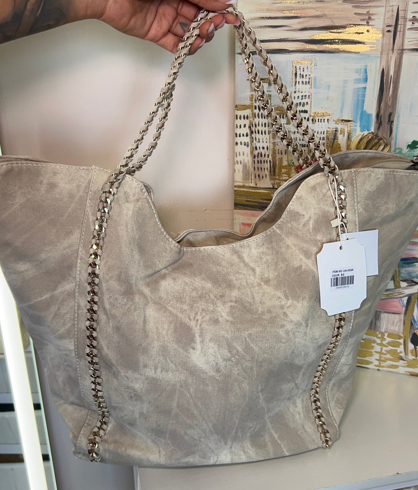 TAUPE CHAIN SLOUCH TOTE